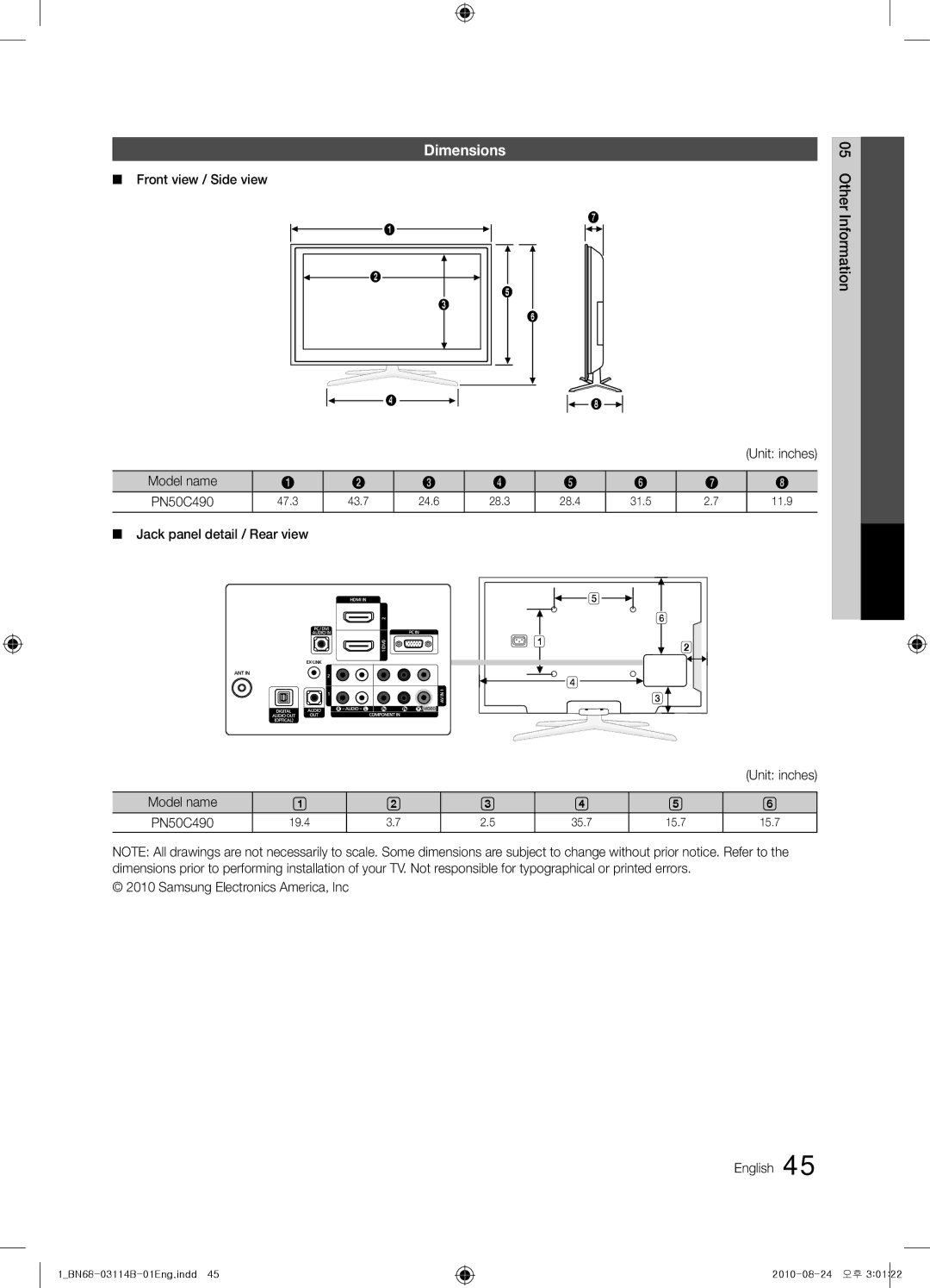 Samsung BN68-03114B-01, PN50C490 Dimensions, Front view / Side view, Jack panel detail / Rear view Other Information 