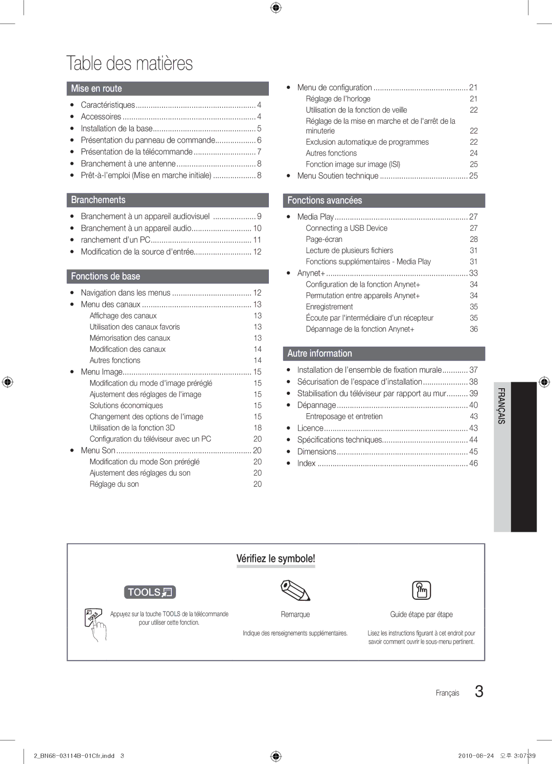 Samsung PN50C490 Table des matières, Vérifiez le symbole, Réglage de l’horloge Utilisation de la fonction de veille 