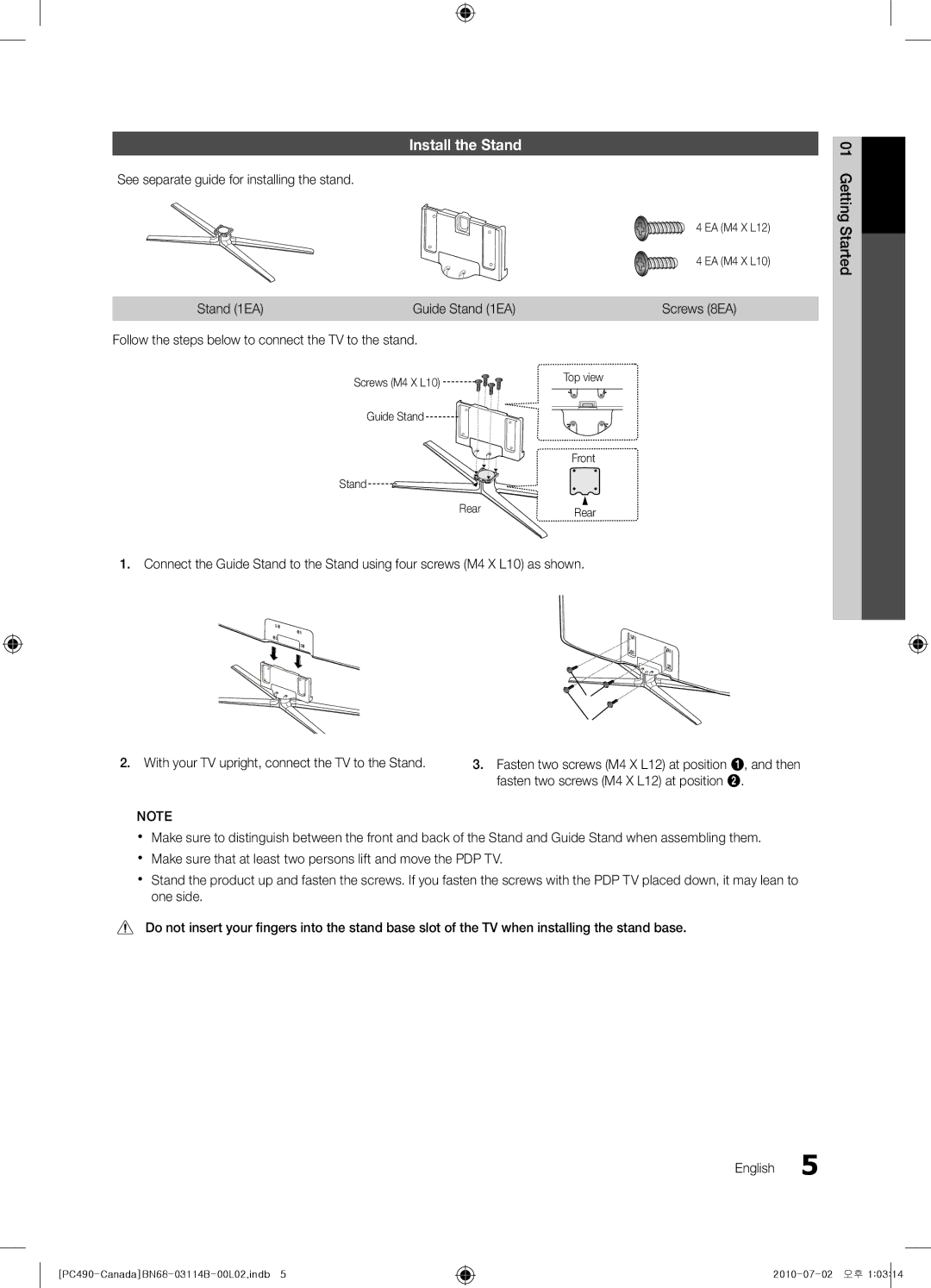 Samsung Series P4+ 490, PN50C490 Install the Stand, See separate guide for installing the stand, Stand 1EA Guide Stand 1EA 