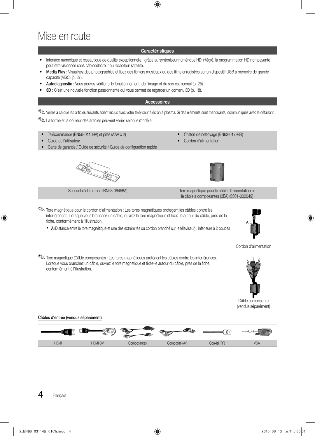 Samsung Series P4+ 490, BN68-03114B-01, PN50C490 user manual Mise en route, Caractéristiques, Accessoires 