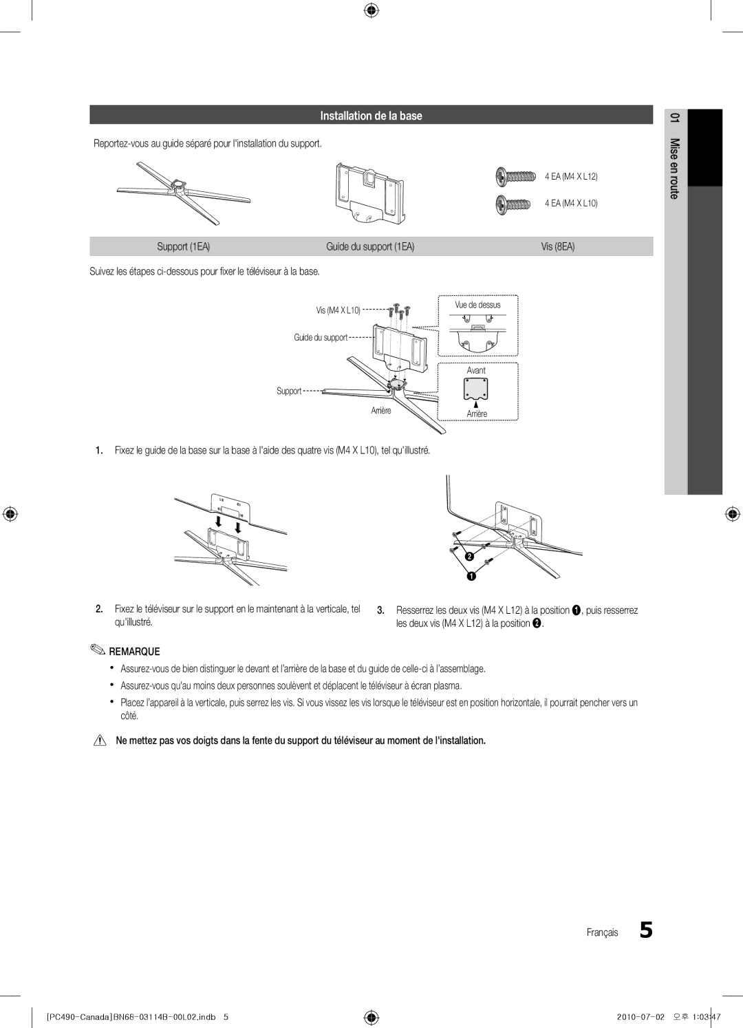 Samsung BN68-03114B-01, PN50C490 Installation de la base, Reportez-vous au guide séparé pour linstallation du support 