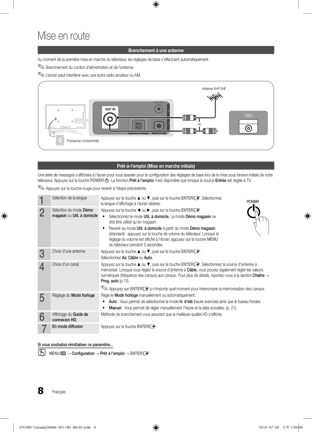 Samsung BN68-03114B-01, PN50C490, Series P4+ 490 Branchement à une antenne, Prêt-à-l’emploi Mise en marche initiale 