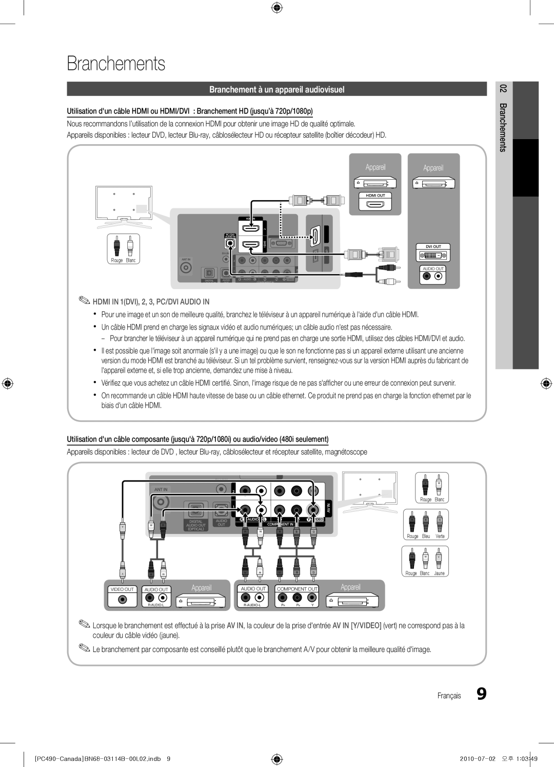 Samsung PN50C490, BN68-03114B-01, Series P4+ 490 user manual Branchements, Branchement à un appareil audiovisuel 