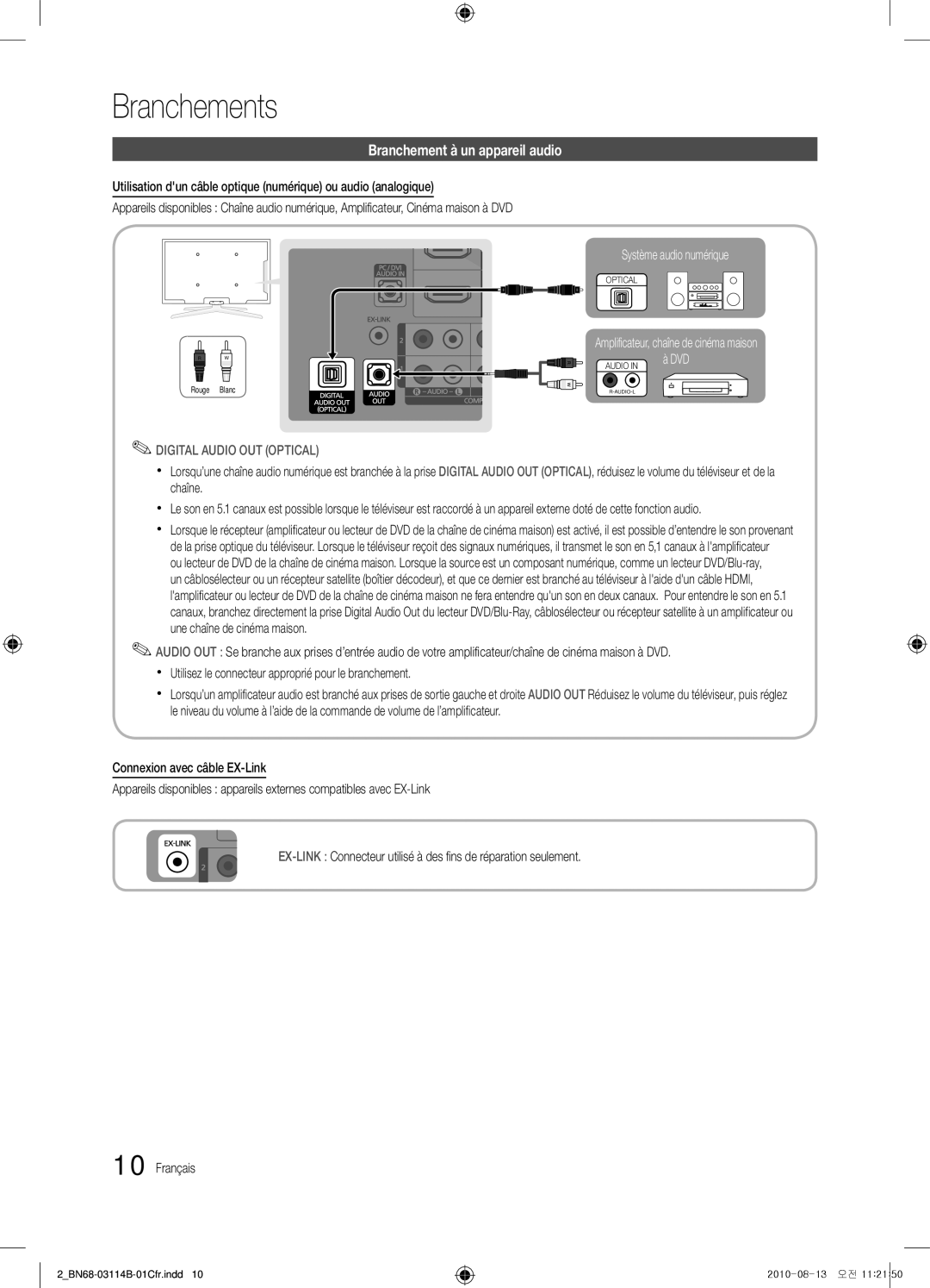 Samsung Series P4+ 490 Branchement à un appareil audio, Utilisation dun câble optique numérique ou audio analogique 