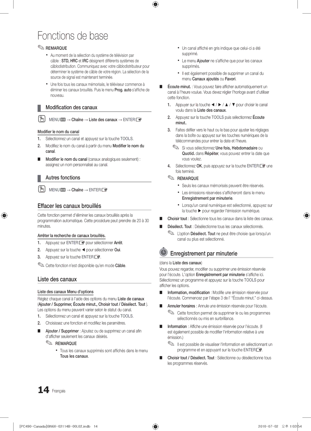 Samsung BN68-03114B-01, PN50C490 Effacer les canaux brouillés, Enregistrement par minuterie, Modification des canaux 