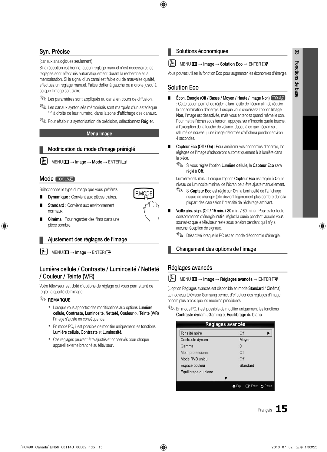 Samsung PN50C490, BN68-03114B-01, Series P4+ 490 user manual Syn. Précise, Solution Eco, Réglages avancés 