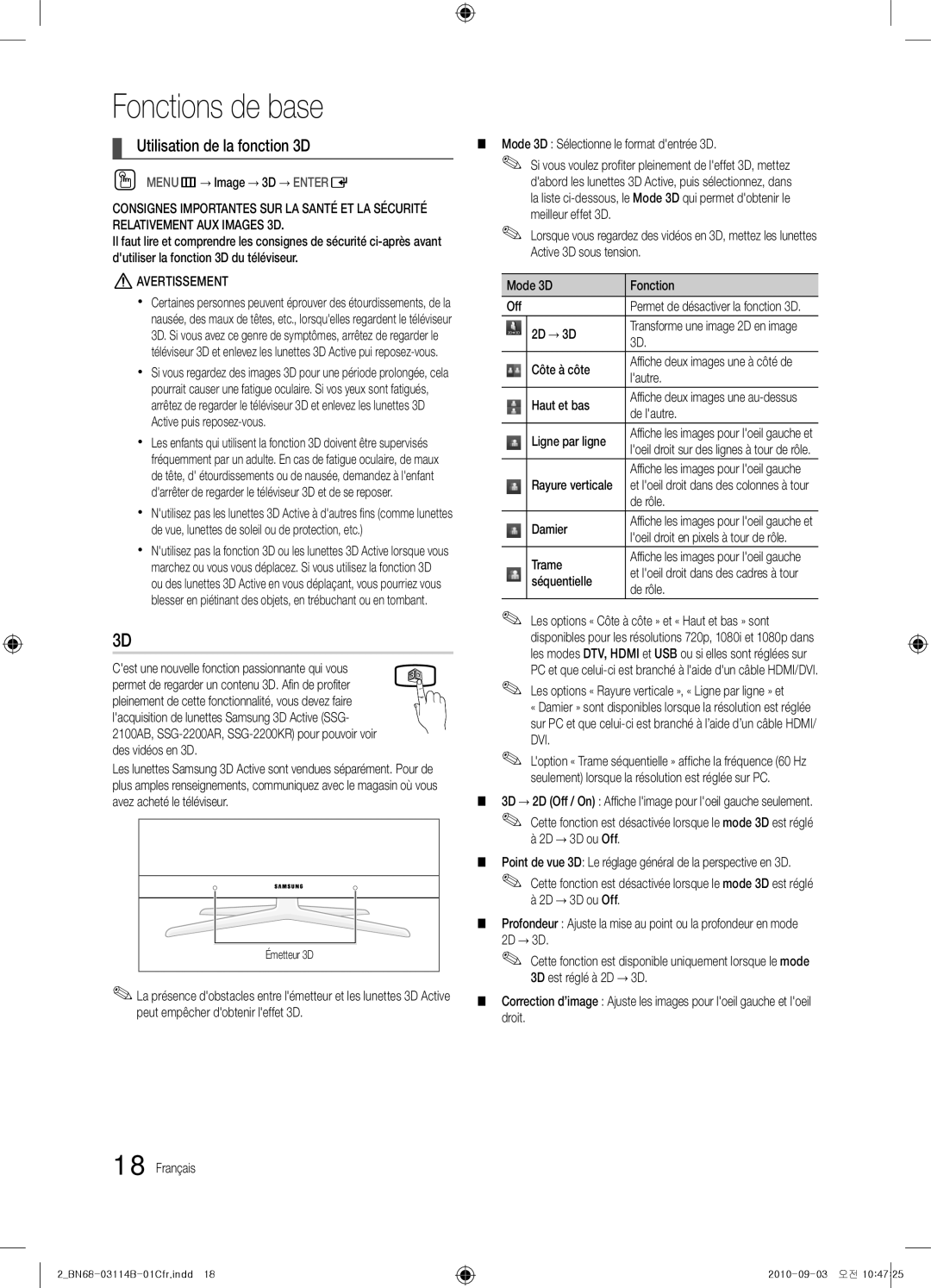 Samsung PN50C490, BN68-03114B-01, Series P4+ 490 user manual Utilisation de la fonction 3D 