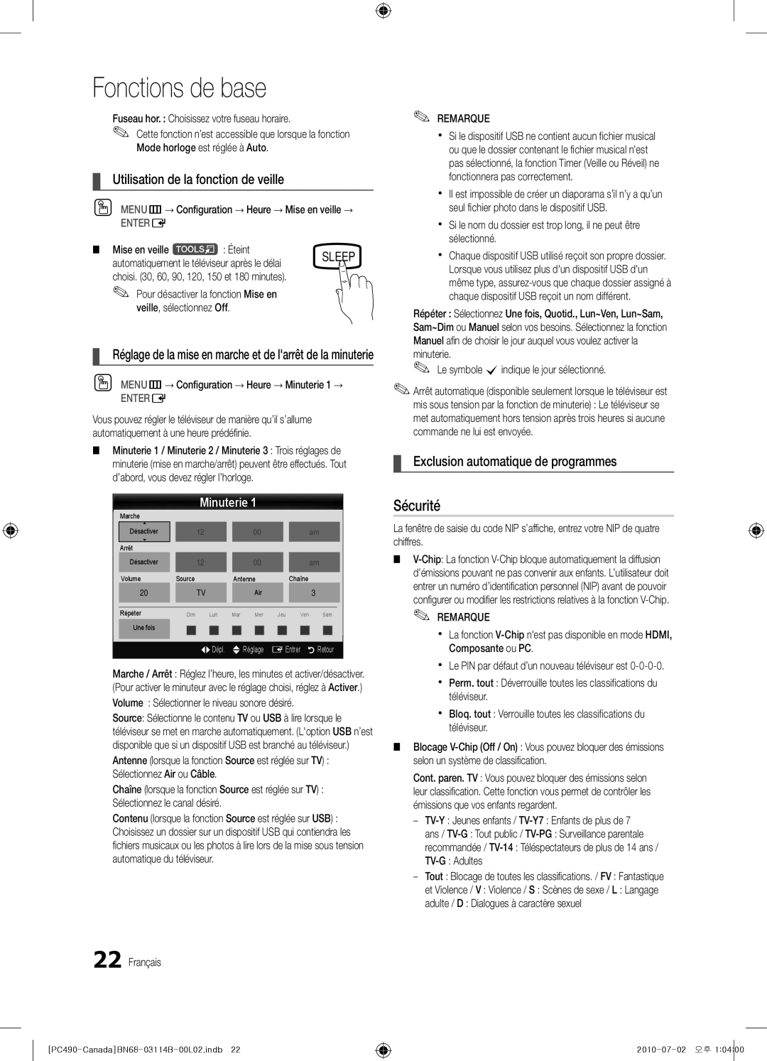 Samsung Series P4+ 490 Sécurité, Utilisation de la fonction de veille, Exclusion automatique de programmes, Minuterie 