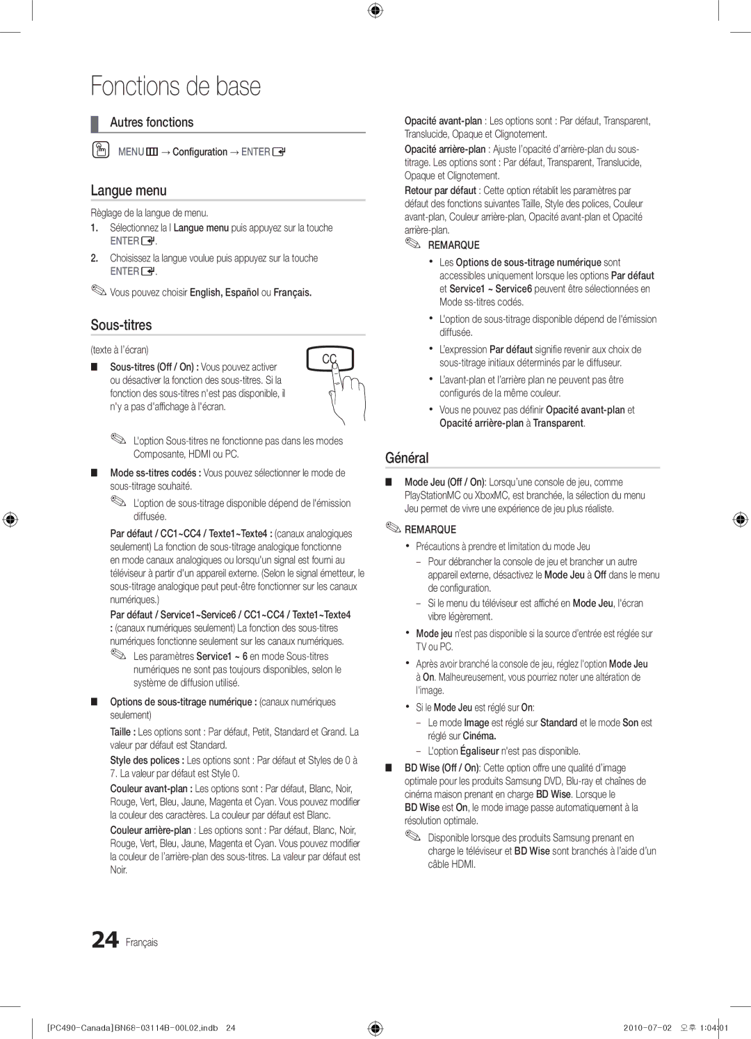 Samsung PN50C490, BN68-03114B-01, Series P4+ 490 user manual Langue menu, Sous-titres, Général 