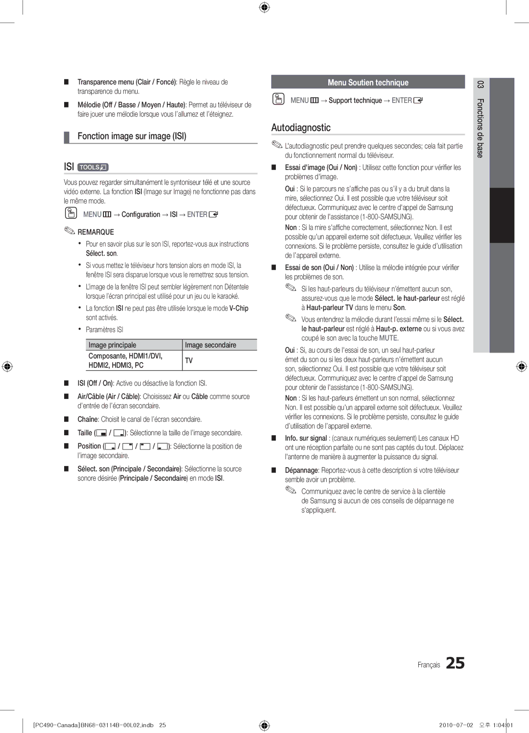 Samsung Series P4+ 490, BN68-03114B-01 ISI t, Autodiagnostic, Fonction image sur image ISI, Menu Soutien technique 