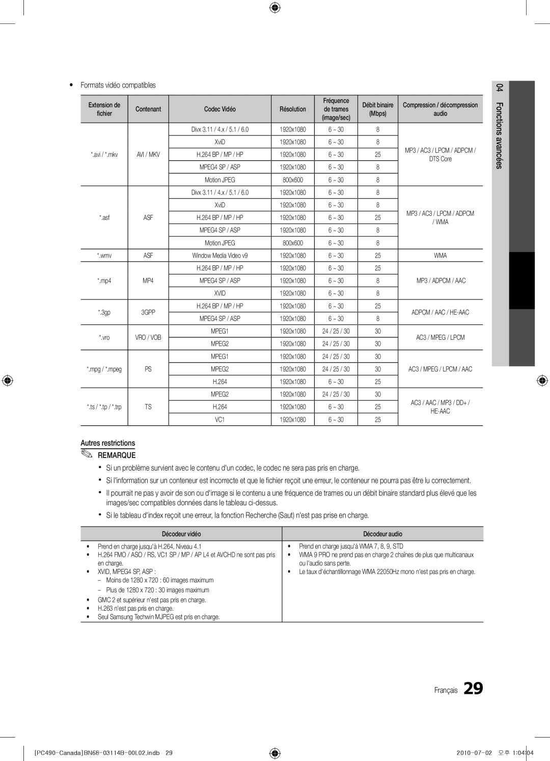 Samsung BN68-03114B-01, PN50C490 Yy Formats vidéo compatibles, Fréquence, Résolution, En charge Ou laudio sans perte 