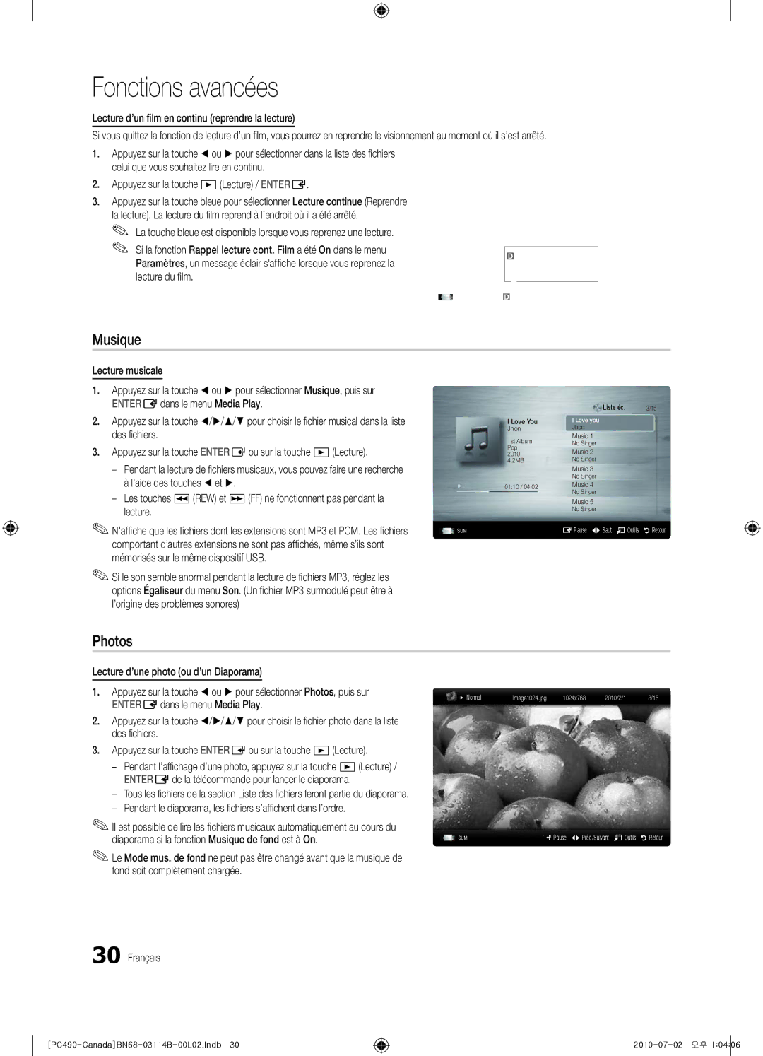 Samsung PN50C490, BN68-03114B-01, Series P4+ 490 user manual Musique, Appuyez sur la touche Lecture / Entere 