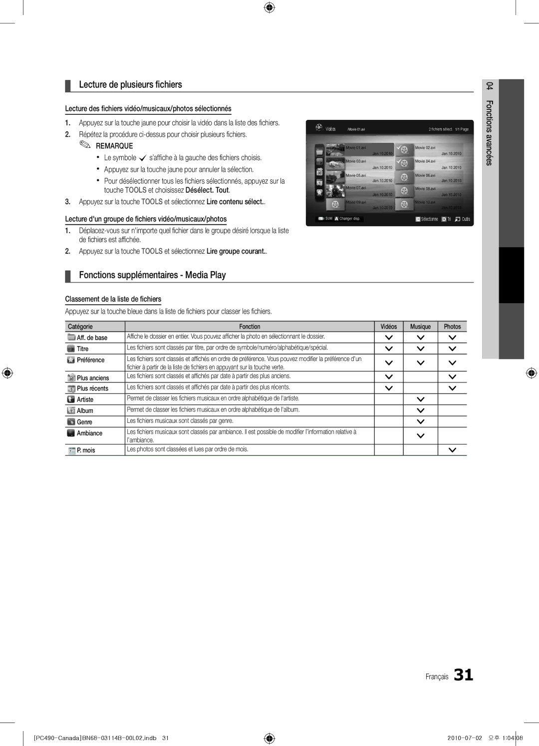 Samsung Series P4+ 490, BN68-03114B-01, PN50C490 Lecture de plusieurs fichiers, Fonctions supplémentaires Media Play 