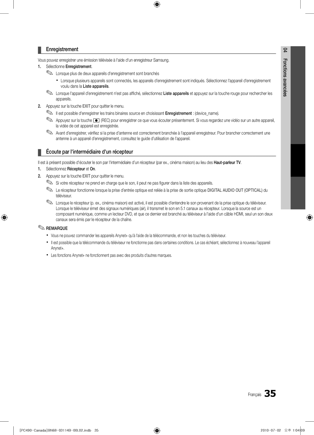 Samsung BN68-03114B-01, PN50C490, Series P4+ 490 user manual Enregistrement, Écoute par lintermédiaire dun récepteur 