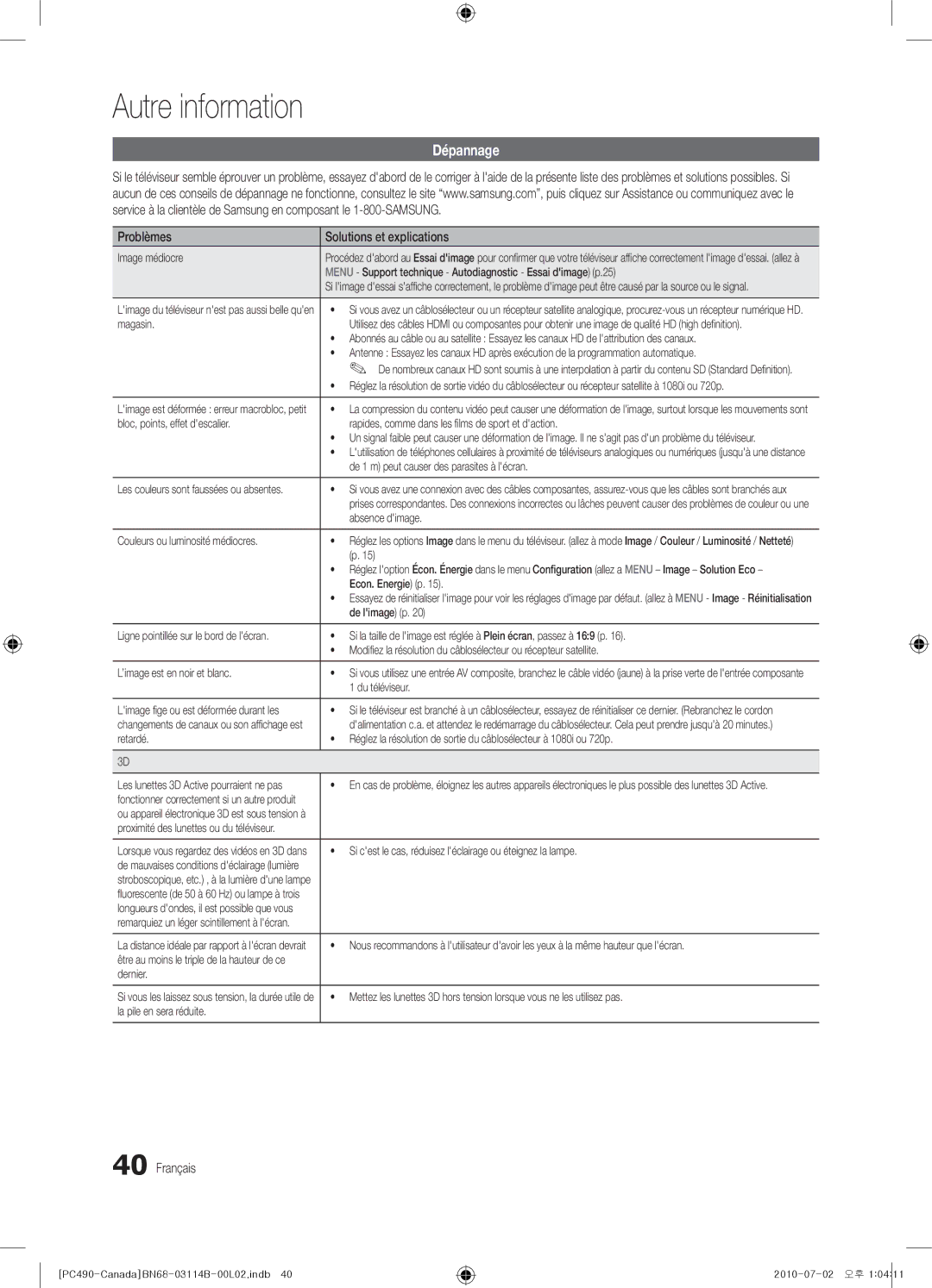 Samsung Series P4+ 490, BN68-03114B-01, PN50C490 user manual Dépannage, Problèmes Solutions et explications 