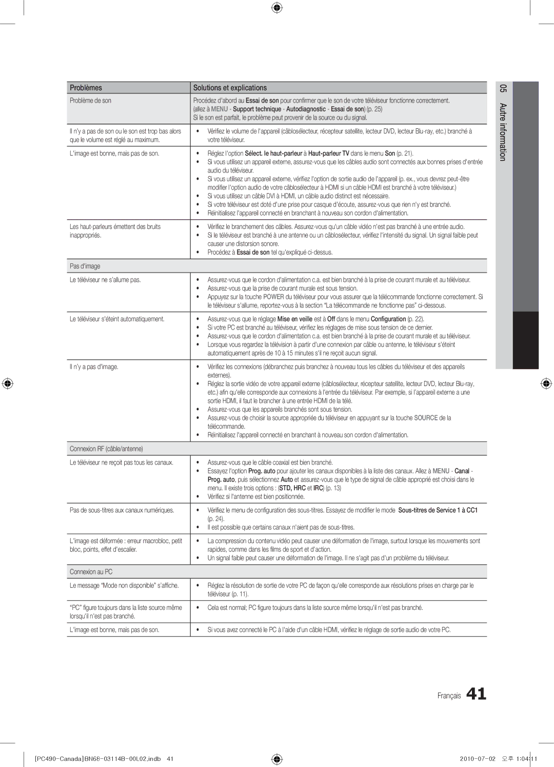 Samsung BN68-03114B-01 Problème de son, Audio du téléviseur, Les haut-parleurs émettent des bruits, Inappropriés, Externes 