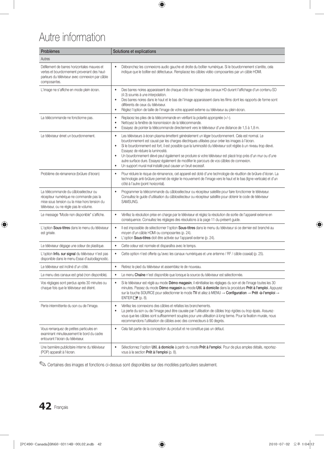 Samsung PN50C490 user manual Autres, Composantes, Soumis à une interpolation, Différents de ceux du téléviseur, ENTEREp 