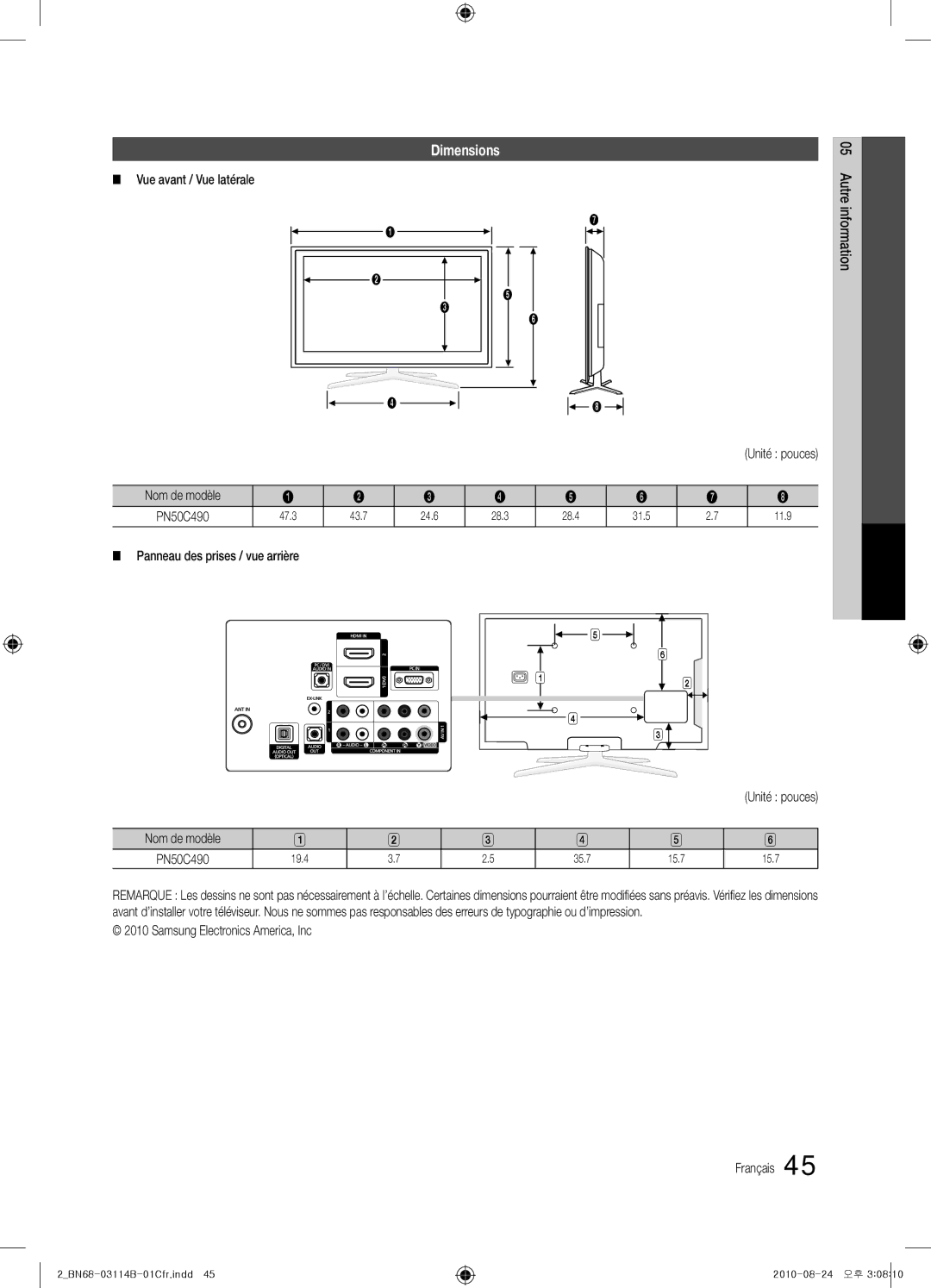 Samsung PN50C490 Vue avant / Vue latérale, Samsung Electronics America, Inc Français, 47.3 43.7 24.6 28.3 28.4 31.5 11.9 