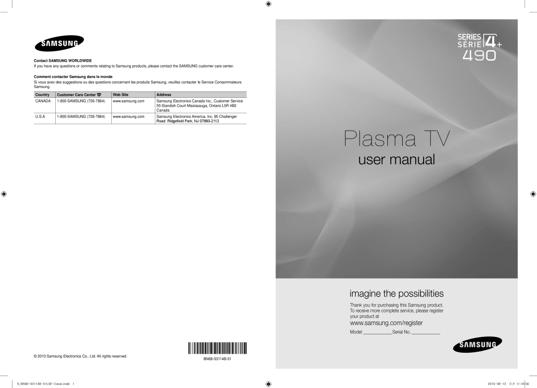 Samsung PN50C490 user manual imagine the possibilities, Model Serial No, Plasma TV, Contact SAMSUNG WORLDWIDE, Country 