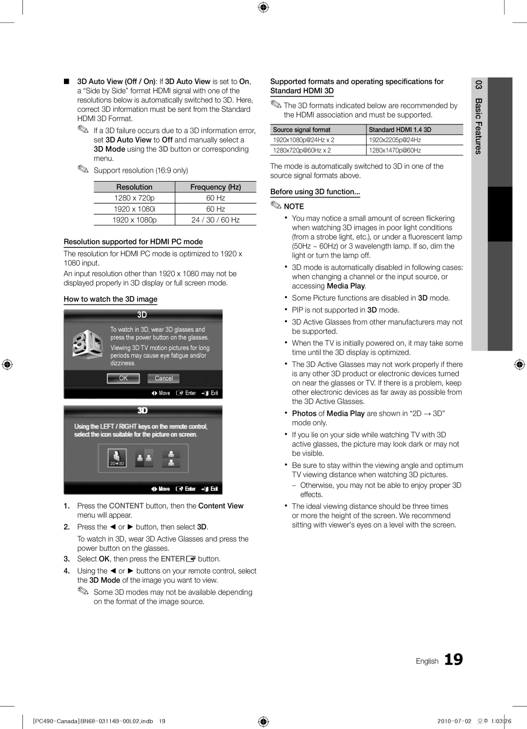 Samsung PN50C490, BN68-03114B-01, Series P4+ 490 user manual 3D Mode using the 3D button or corresponding menu 
