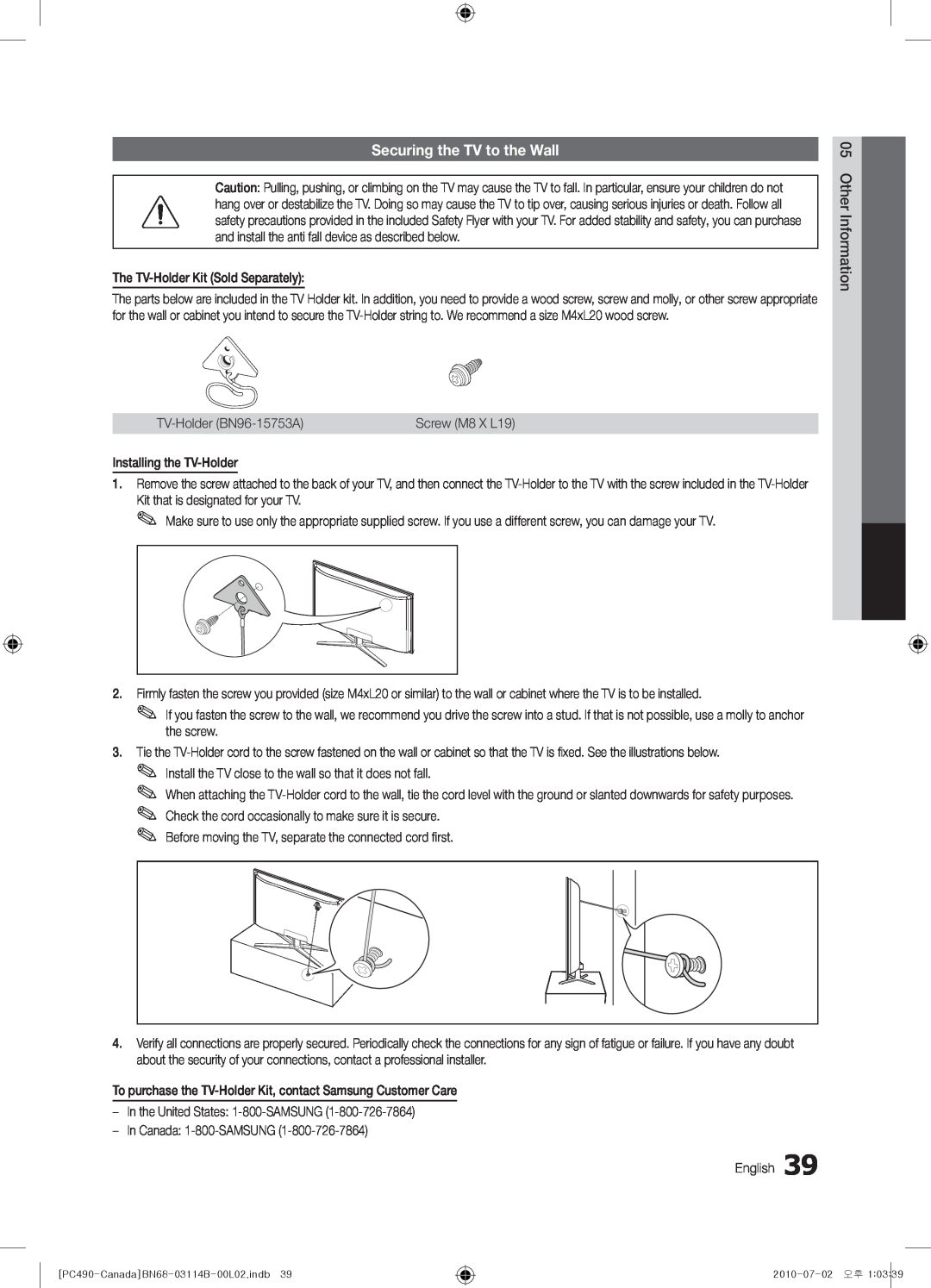 Samsung BN68-03114B-01, PN50C490, Series P4+ 490 user manual Securing the TV to the Wall 