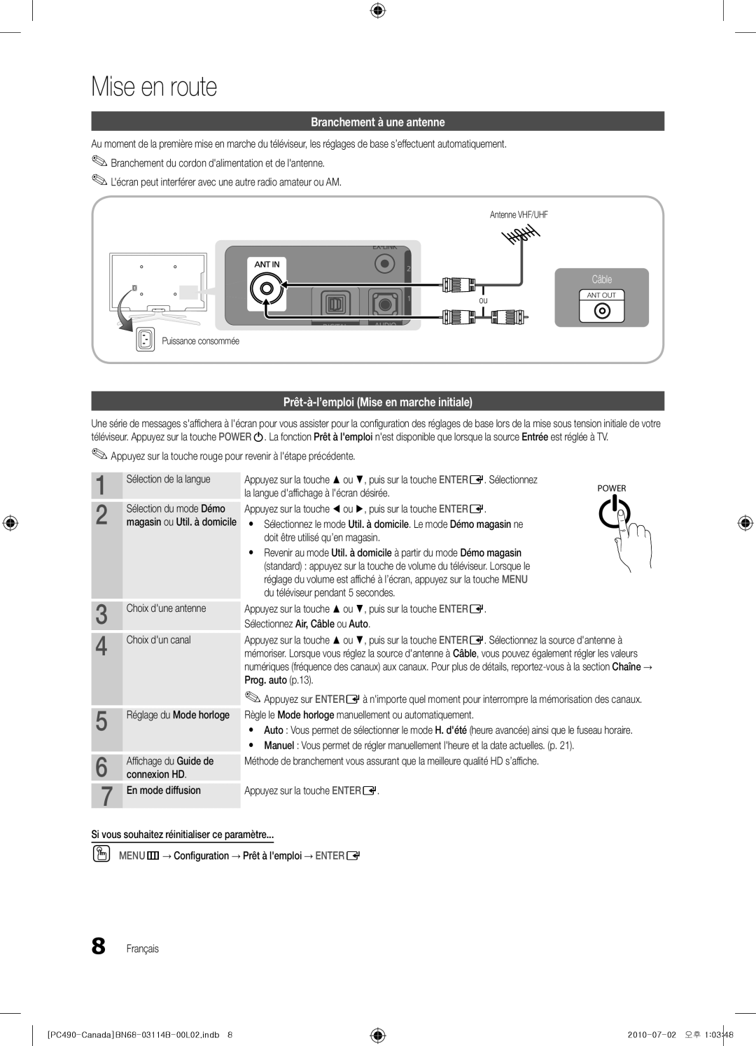 Samsung BN68-03114B-01 Branchement à une antenne, Prêt-à-l’emploi Mise en marche initiale, Câble, Sélection de la langue 