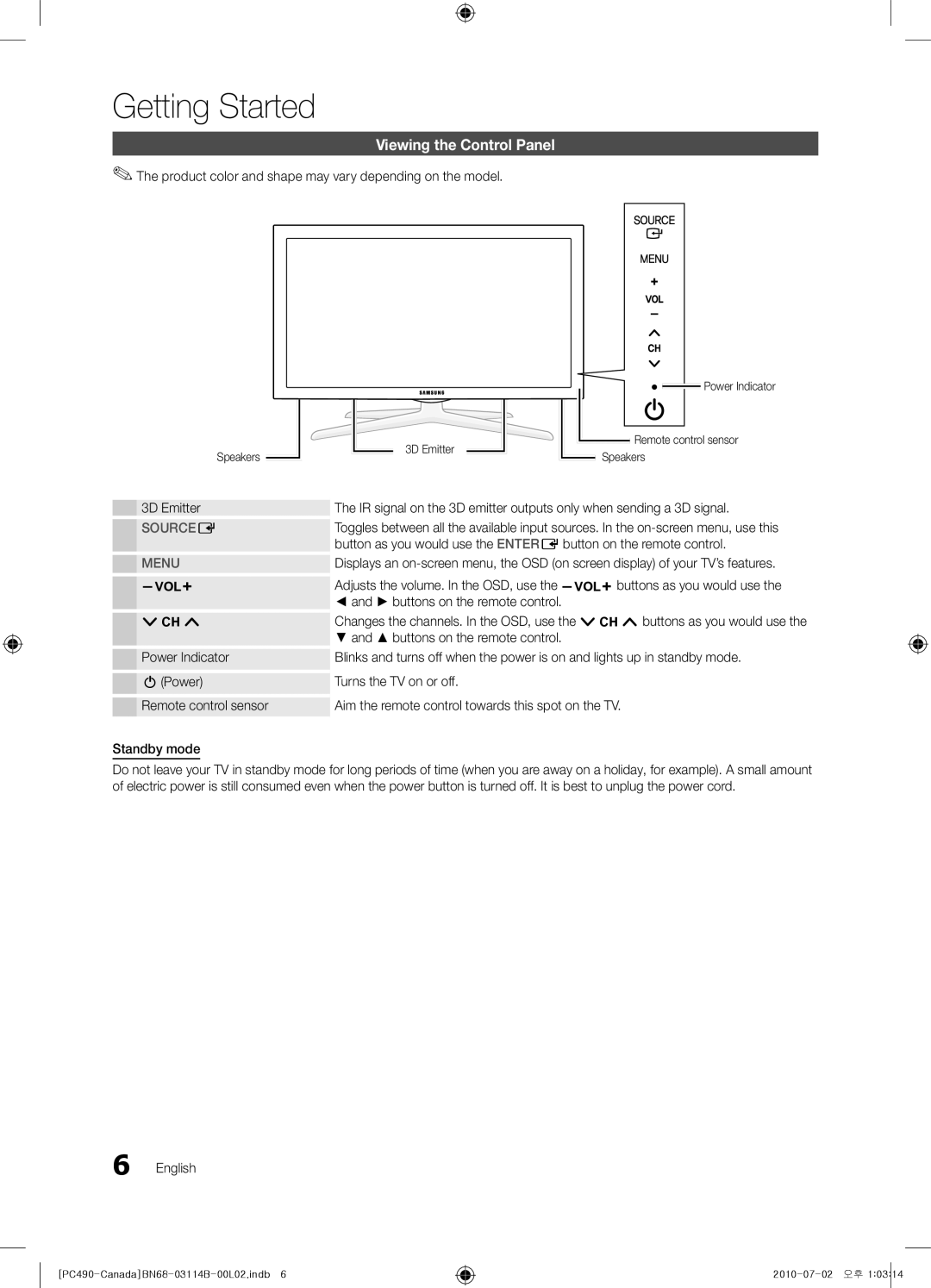 Samsung BN68-03114B-01, PN50C490, Series P4+ 490 user manual Viewing the Control Panel, Source E, Menu, Getting Started 