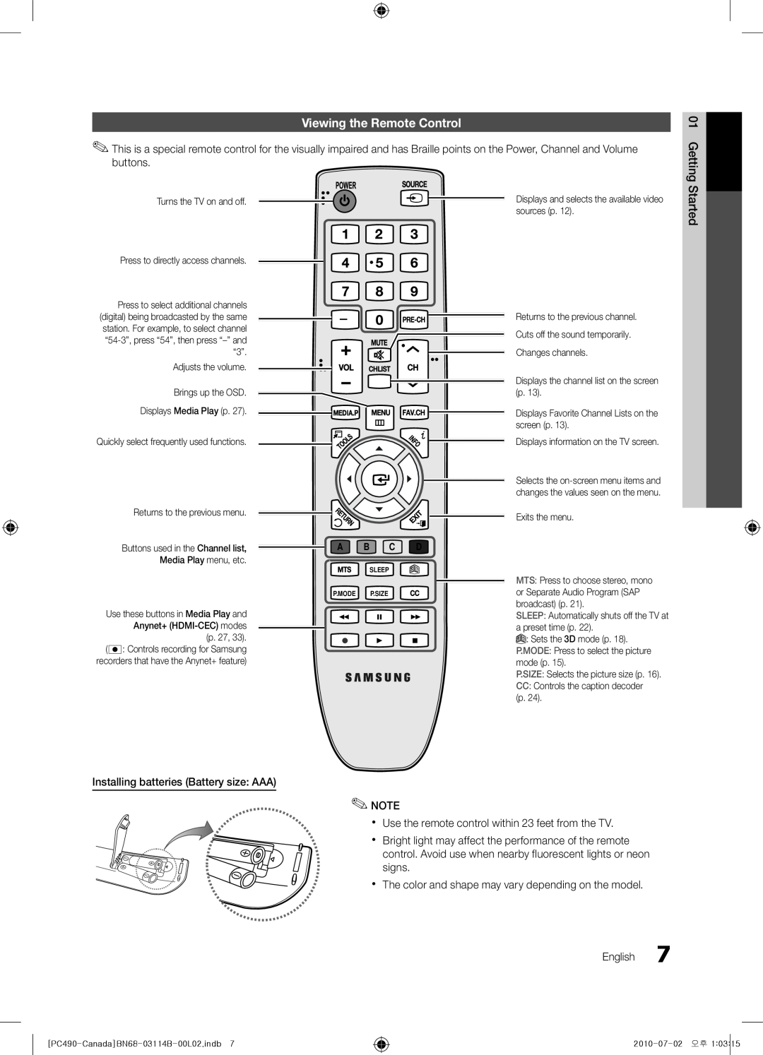 Samsung PN50C490, BN68-03114B-01, Series P4+ 490 Viewing the Remote Control, Installing batteries Battery size AAA, A B C D 