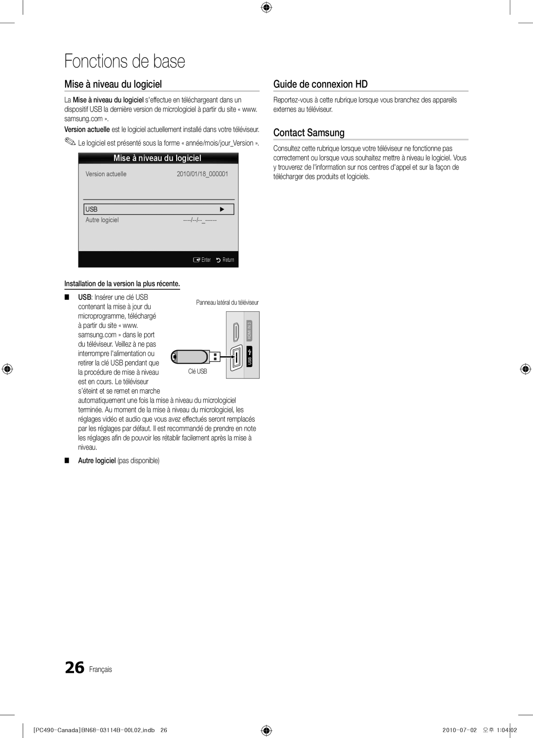 Samsung BN68-03114B-01, PN50C490 Mise à niveau du logiciel, Guide de connexion HD, Fonctions de base, Contact Samsung 
