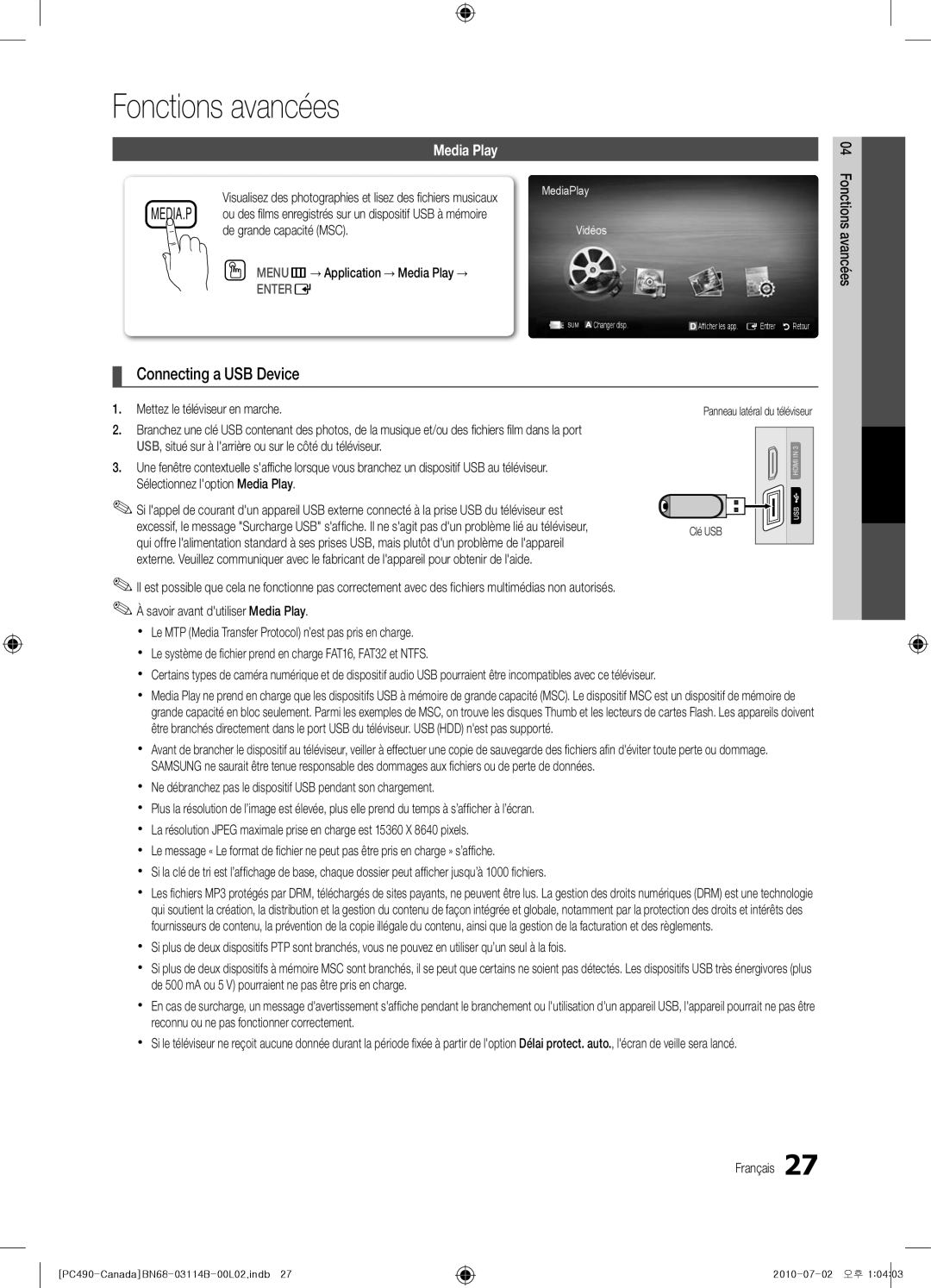 Samsung PN50C490, BN68-03114B-01, Series P4+ 490 user manual Fonctions avancées, Connecting a USB Device, Media Play, Entere 