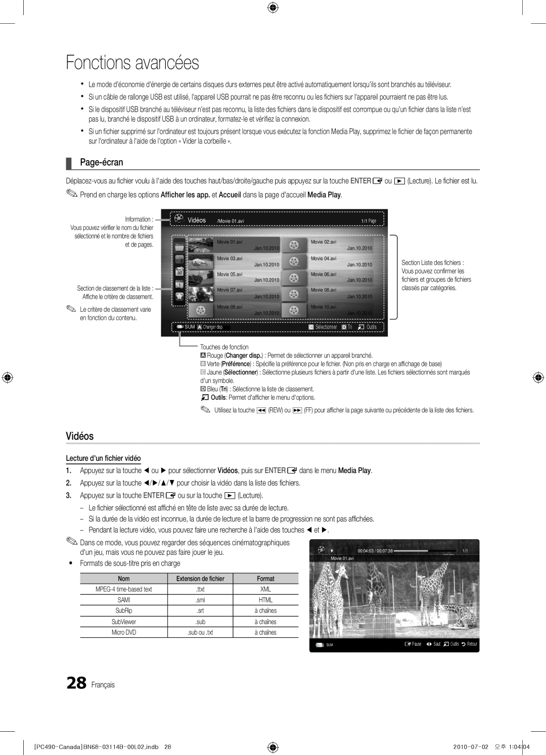 Samsung Series P4+ 490, BN68-03114B-01, PN50C490 user manual Vidéos, Page-écran, Fonctions avancées 