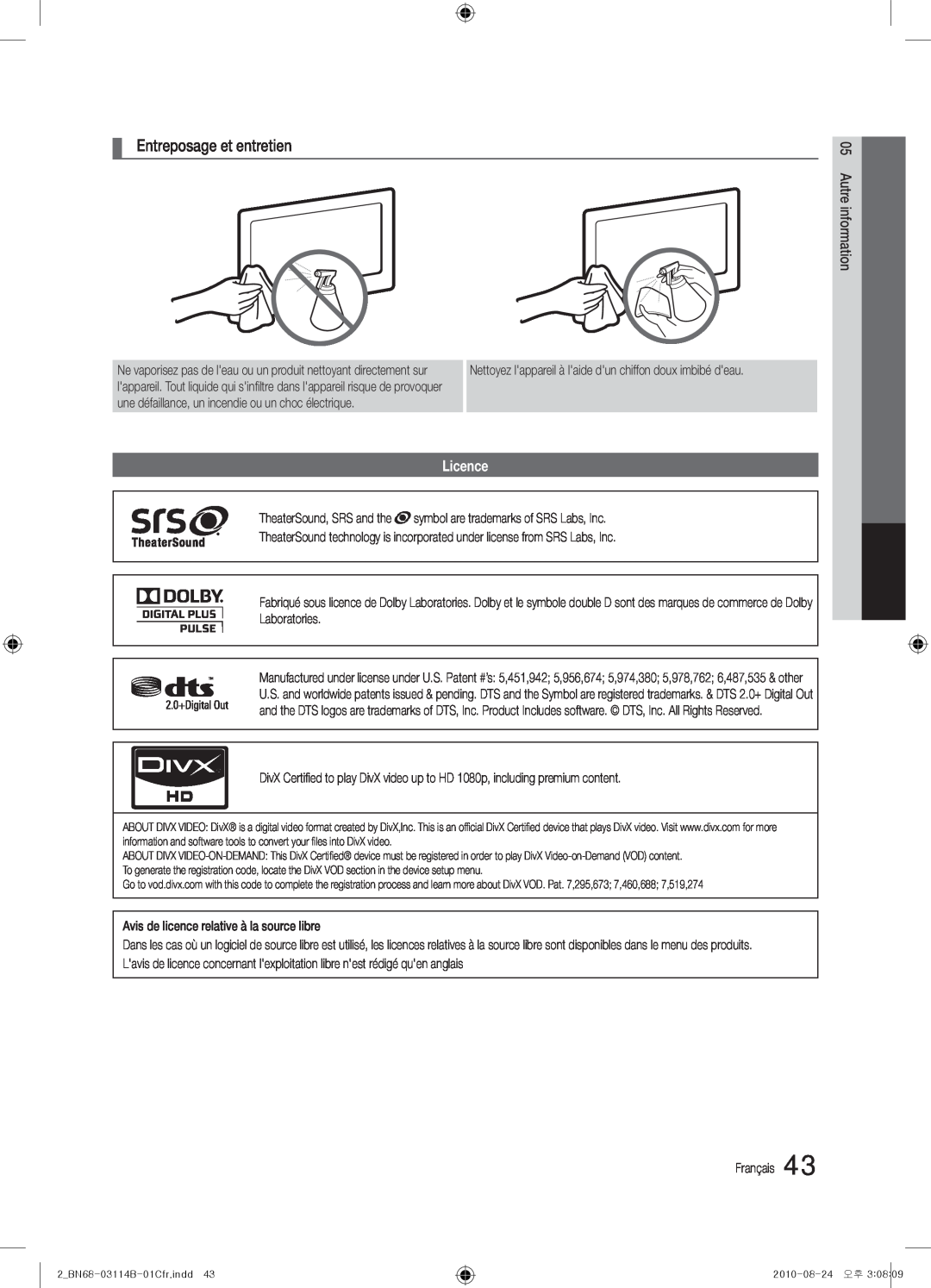 Samsung Series P4+ 490, BN68-03114B-01, PN50C490 user manual Entreposage et entretien, Licence, Autre information 