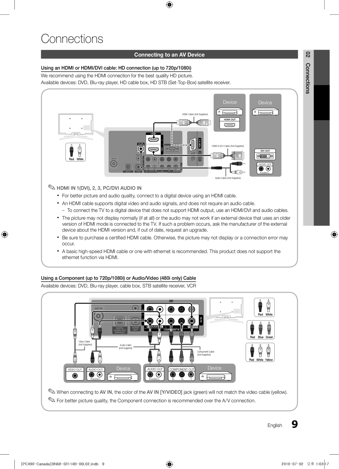 Samsung BN68-03114B-01, PN50C490 user manual Connections, Connecting to an AV Device, HDMI IN 1DVI, 2, 3, PC/DVI AUDIO IN 