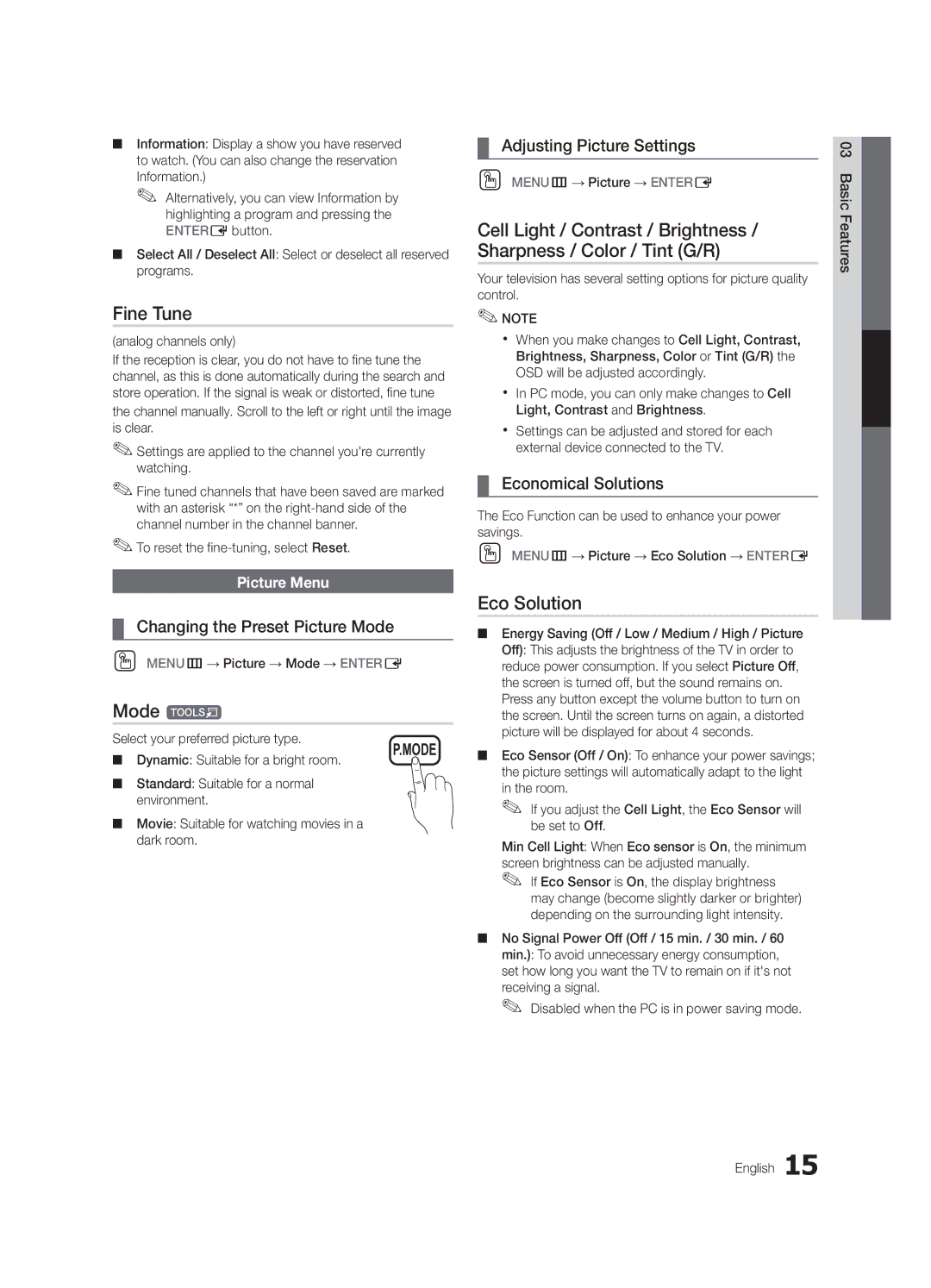 Samsung BN68-03116A-01, PC680-ZA, Series P6+ 680 user manual Fine Tune, Mode t, Eco Solution 