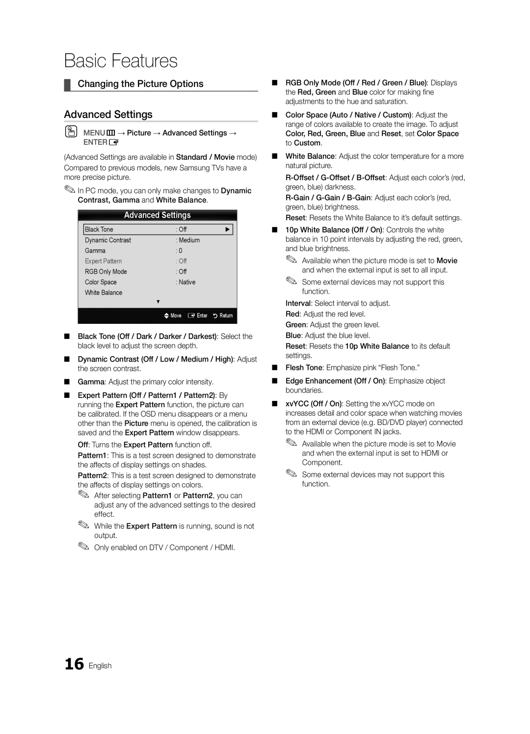 Samsung PC680-ZA, BN68-03116A-01, Series P6+ 680 Changing the Picture Options, OO MENUm→ Picture → Advanced Settings → 