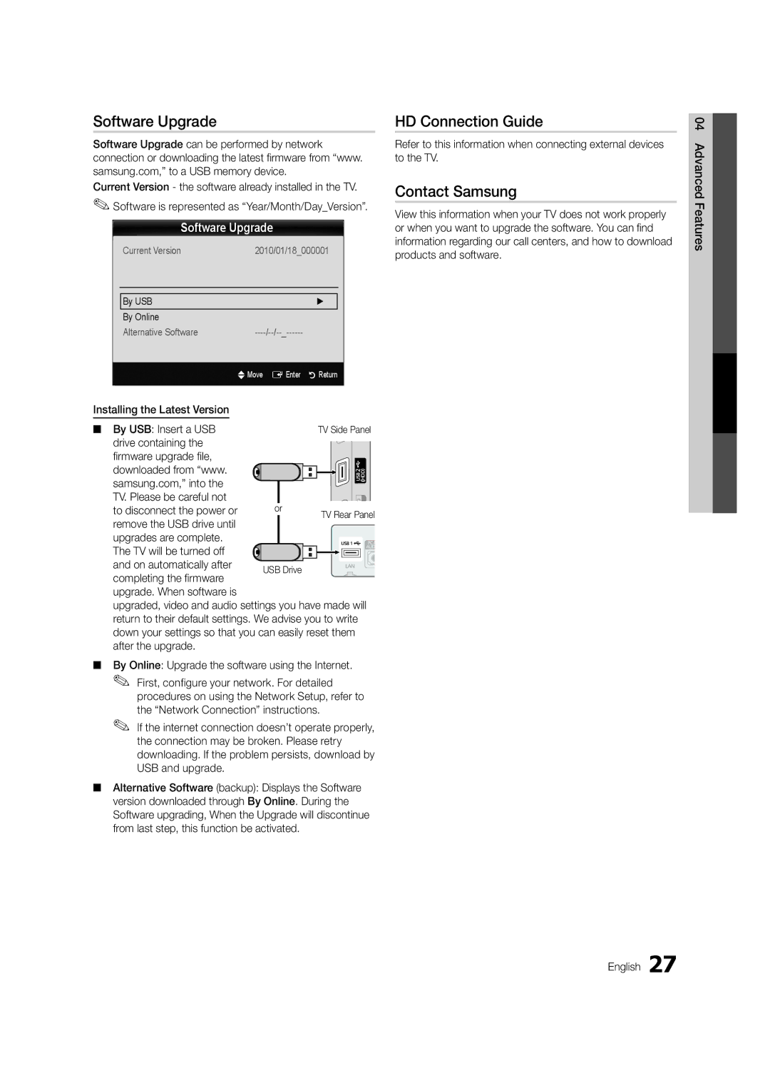 Samsung BN68-03116A-01, PC680-ZA, Series P6+ 680 user manual Software Upgrade, HD Connection Guide, Contact Samsung 