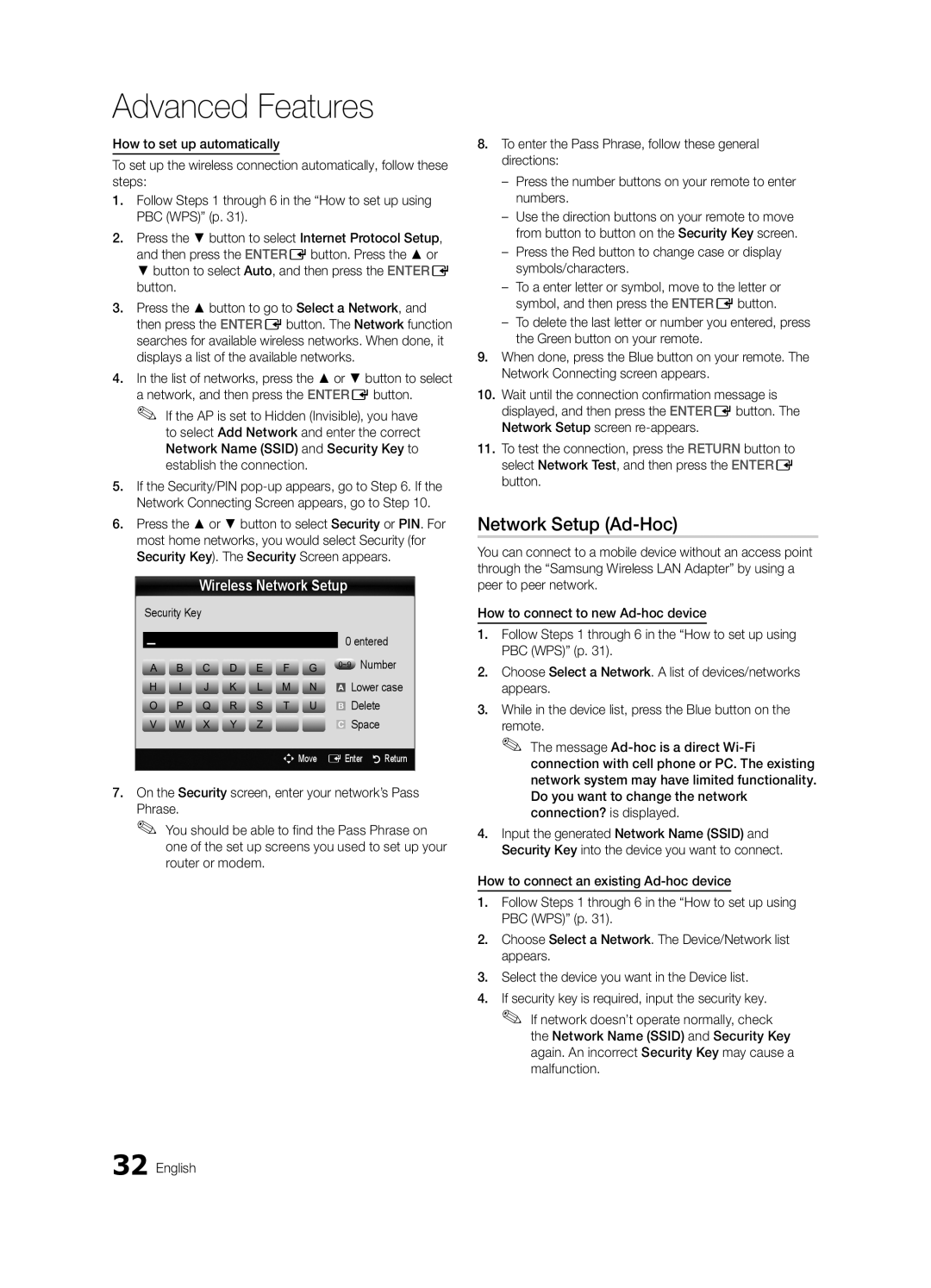 Samsung Series P6+ 680, BN68-03116A-01, PC680-ZA user manual Network Setup Ad-Hoc, Security Key Entered ~9 Number, Delete 