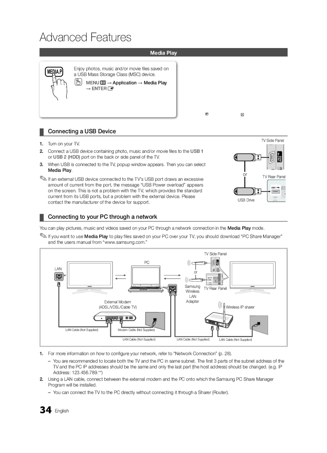 Samsung PC680-ZA Connecting a USB Device, Connecting to your PC through a network, USB Mass Storage Class MSC device 