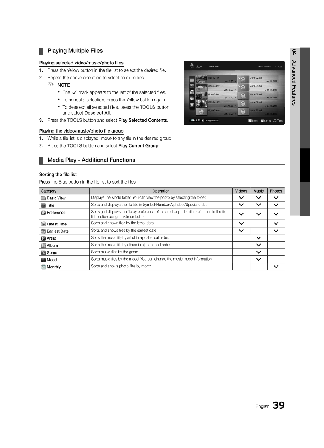 Samsung BN68-03116A-01 Playing Multiple Files, Media Play Additional Functions, List section using the Green button 