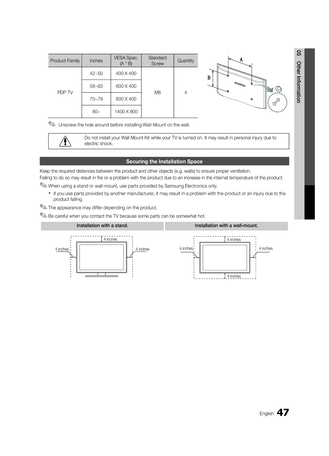 Samsung Series P6+ 680, PC680-ZA Securing the Installation Space, Inches Vesa Spec Standard Quantity, Other Information 