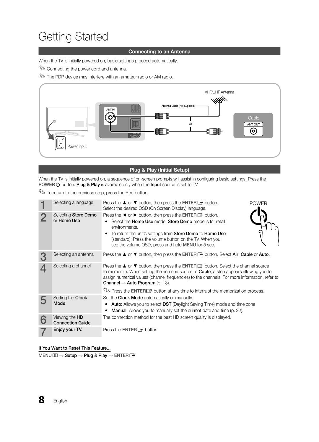 Samsung Series P6+ 680, BN68-03116A-01 Connecting to an Antenna, Plug & Play Initial Setup, VHF/UHF Antenna, Power Input 