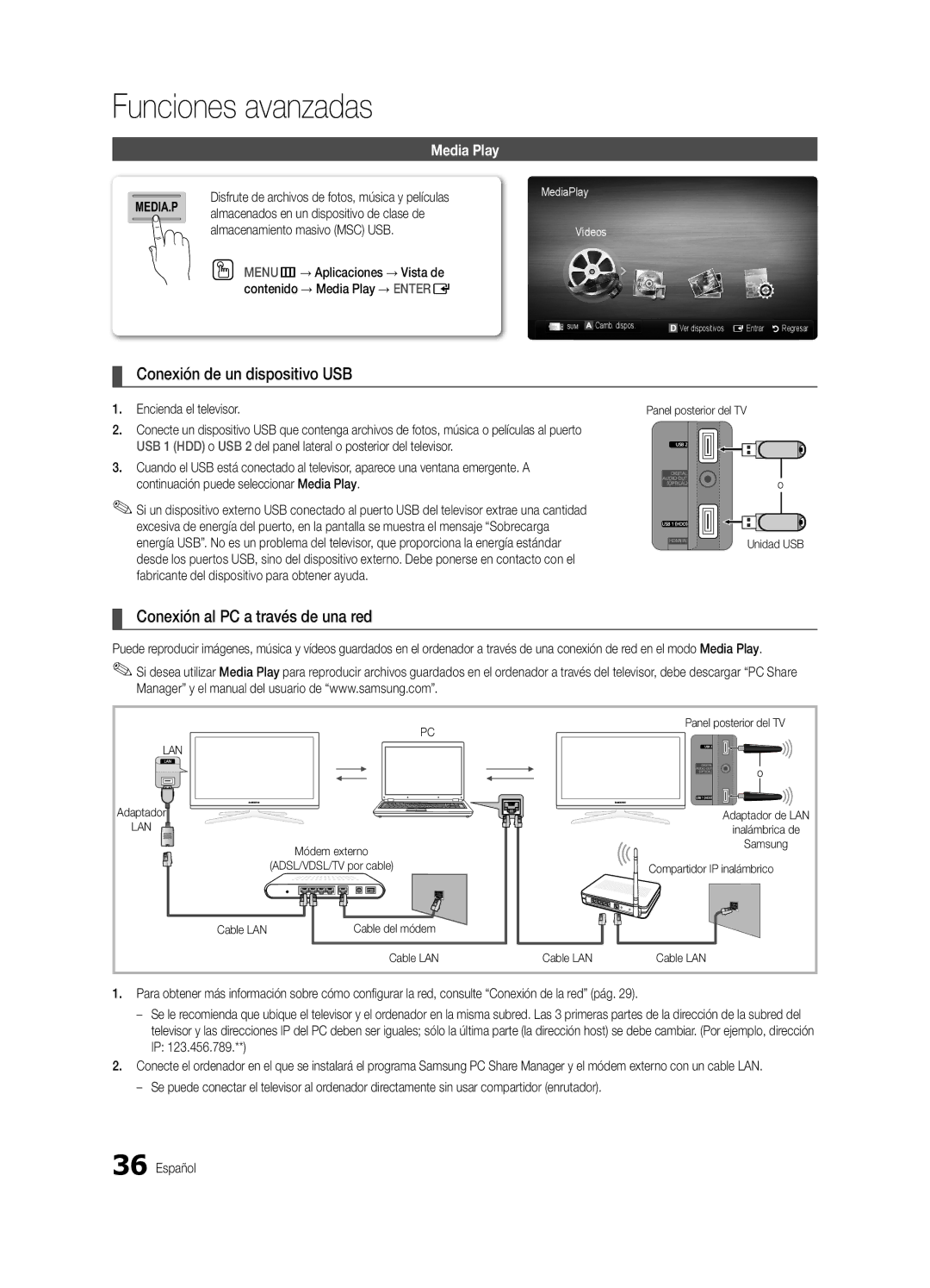 Samsung BN68-03153A-01, UC8000-NA user manual Conexión de un dispositivo USB, Conexión al PC a través de una red, Media Play 