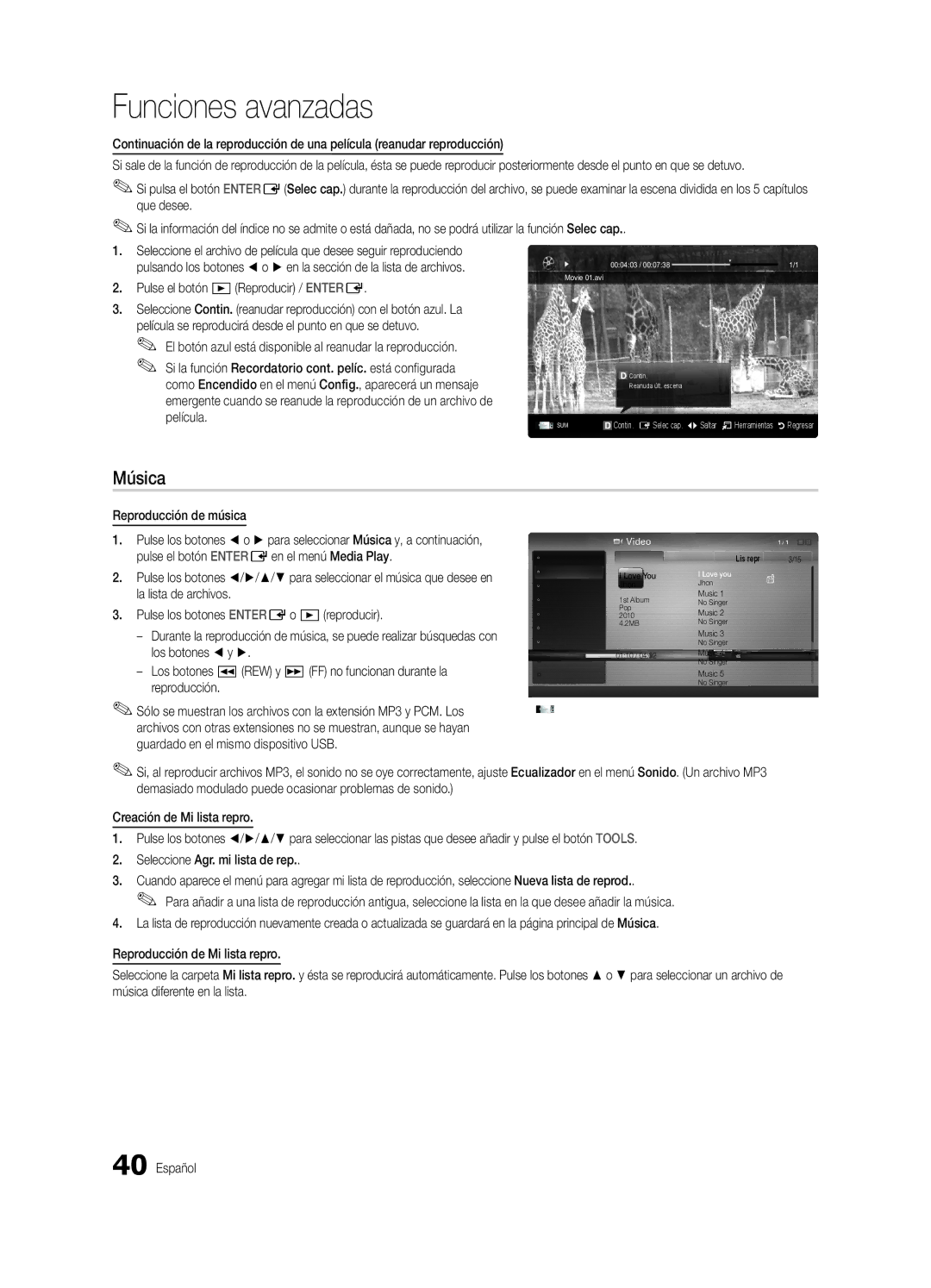 Samsung BN68-03153A-01, UC8000-NA user manual Música, Reproducción de música 