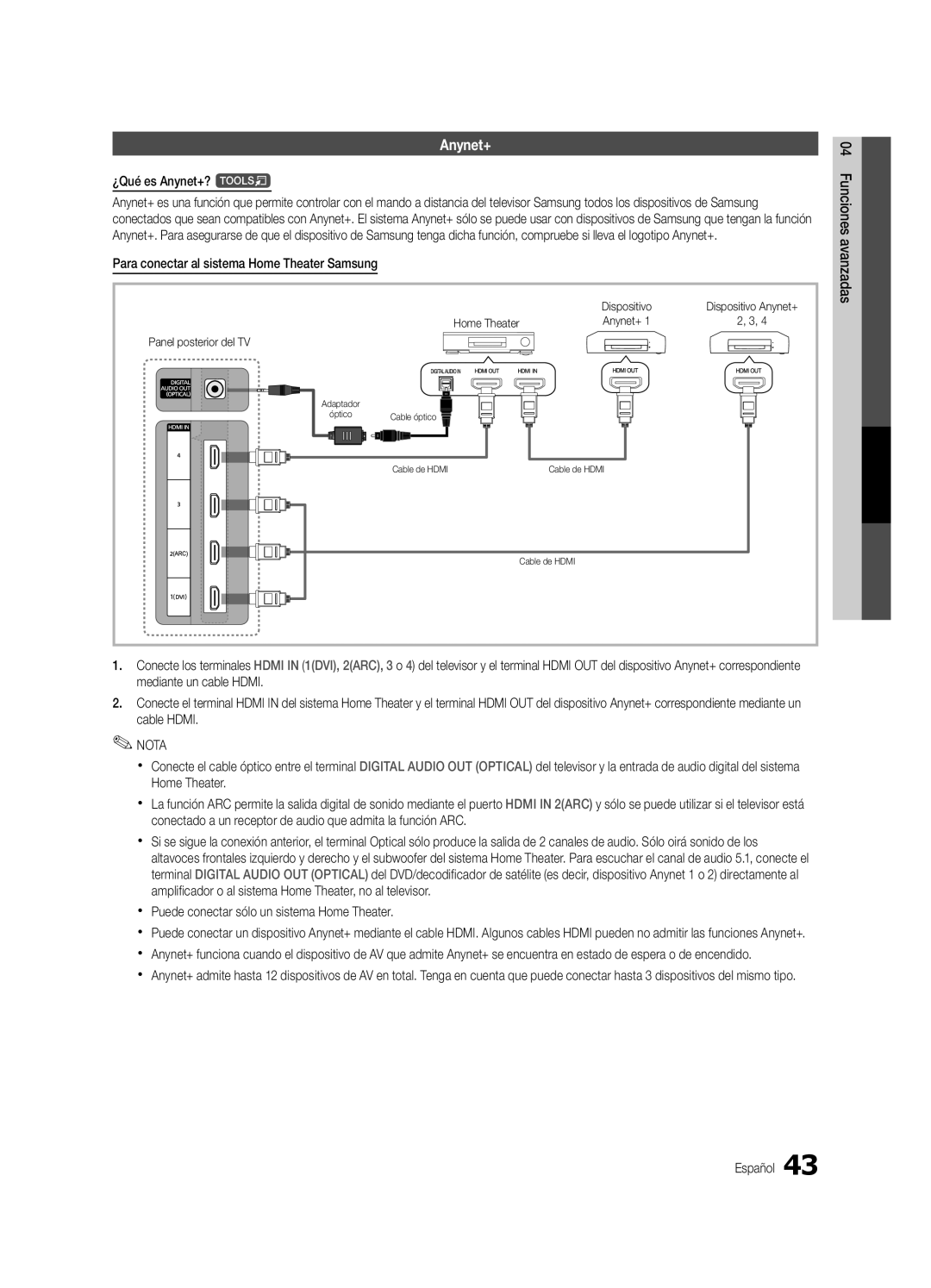 Samsung UC8000-NA, BN68-03153A-01 user manual ¿Qué es Anynet+? t, Xx Puede conectar sólo un sistema Home Theater, Avanzadas 