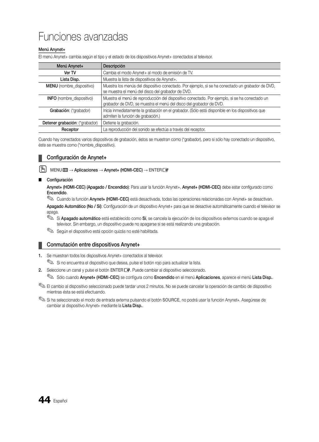 Samsung BN68-03153A-01, UC8000-NA user manual Configuración de Anynet+, Conmutación entre dispositivos Anynet+ 