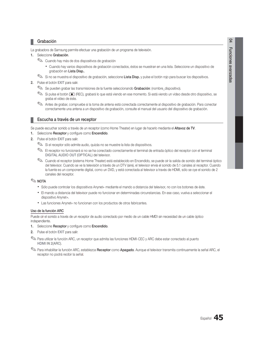 Samsung UC8000-NA, BN68-03153A-01 user manual Grabación, Escucha a través de un receptor 