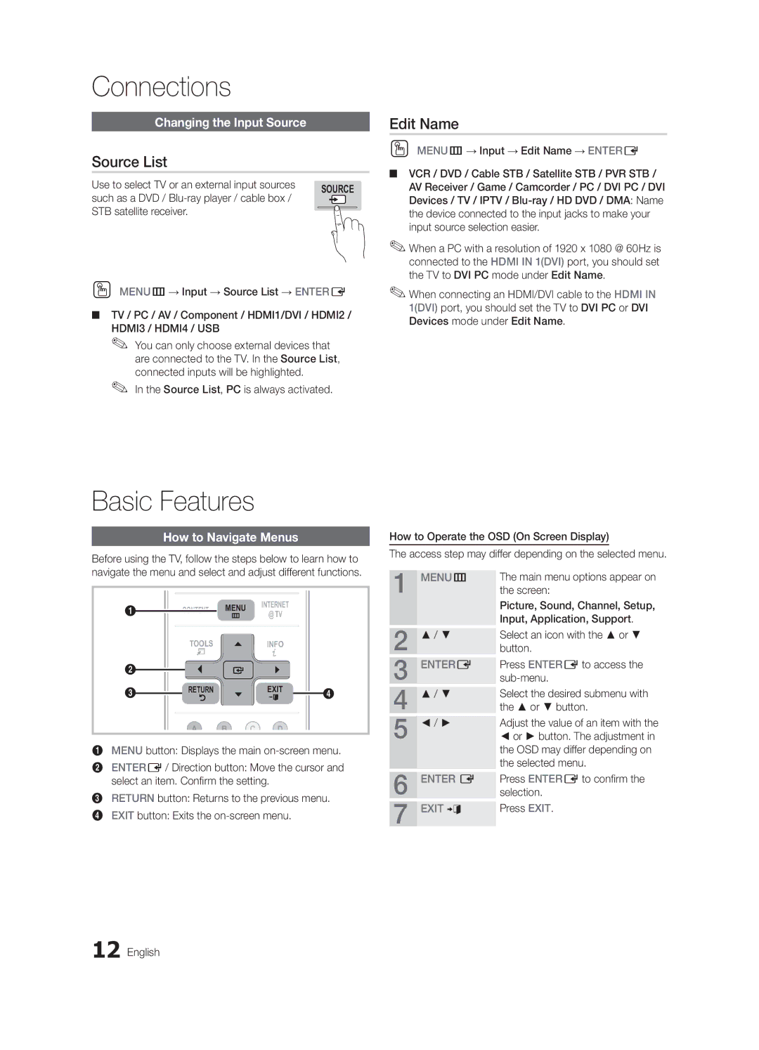 Samsung BN68-03153A-01, UC8000-NA Basic Features, Source List, Edit Name, Changing the Input Source, How to Navigate Menus 