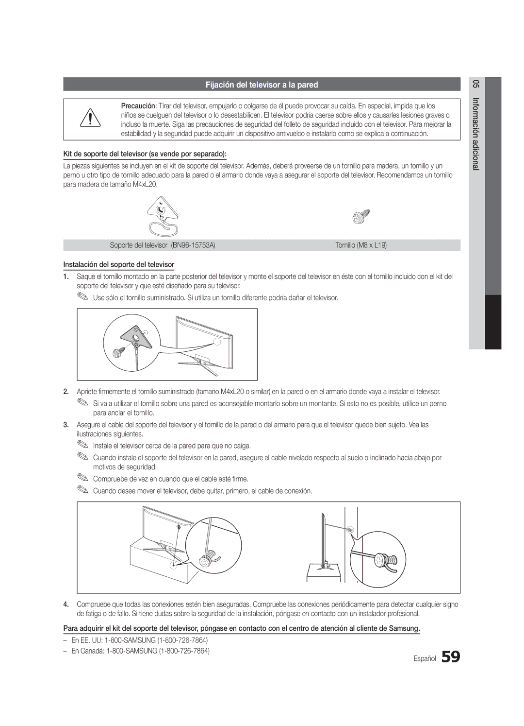 Samsung UC8000-NA user manual Fijación del televisor a la pared, Soporte del televisor BN96-15753A, Para anclar el tornillo 