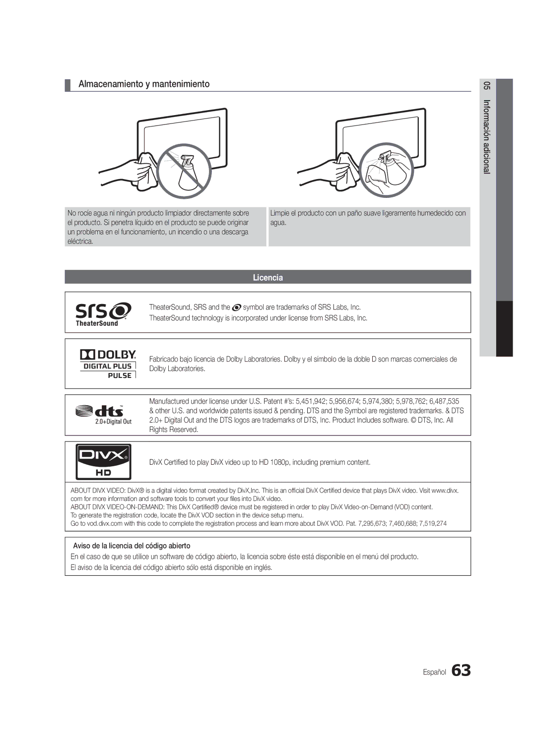 Samsung UC8000-NA, BN68-03153A-01 user manual Almacenamiento y mantenimiento, Licencia, Agua, Eléctrica 