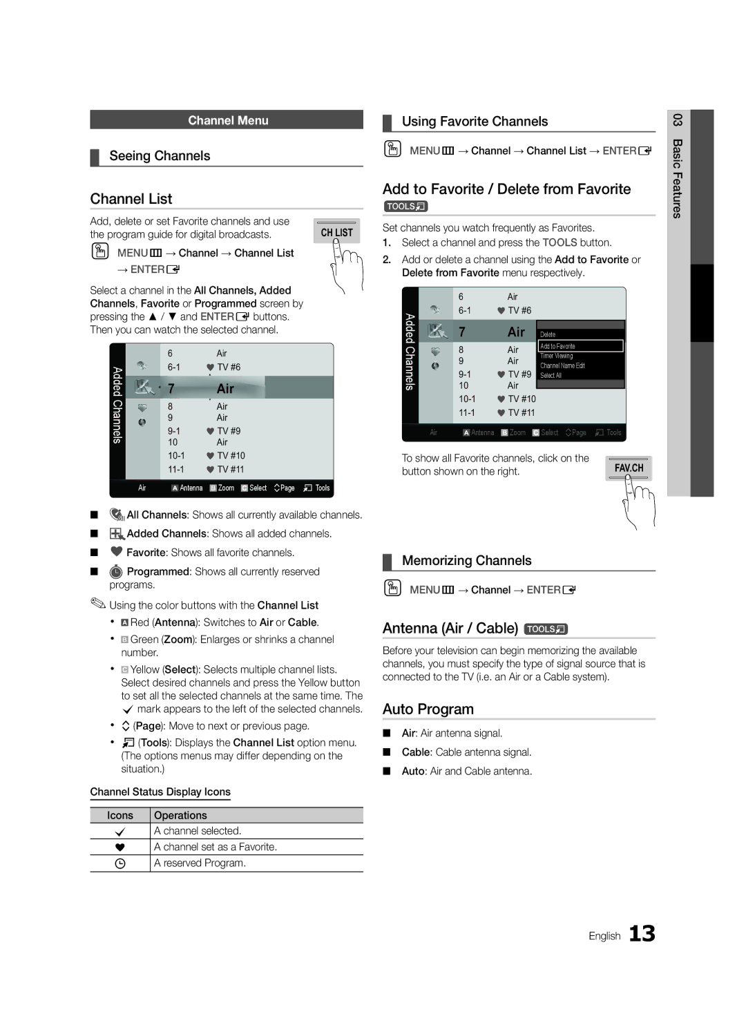 Samsung UC8000-NA user manual Channel List, Add to Favorite / Delete from Favorite, Antenna Air / Cable t, Auto Program 